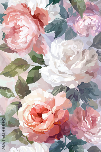 Romantic floral bouquet wallpaper pattern with pastel roses and green leaves, showcasing a soft and elegant aesthetic.
