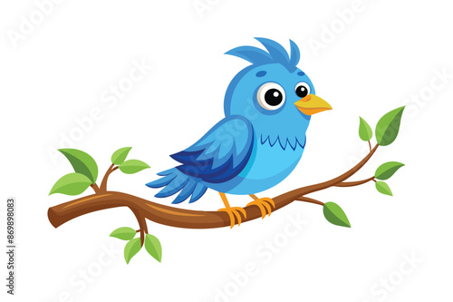 Cartoon blue bird sitting on tree branch vector illustration