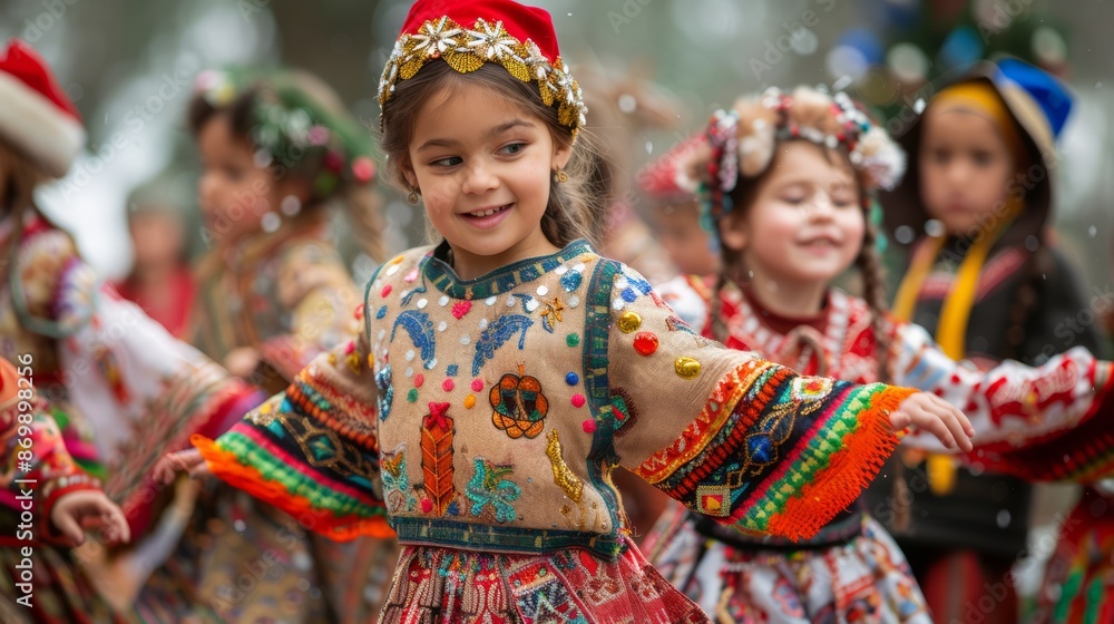 multicultural group Children dressed in traditional clothes of different cultures perform a festive dance at a music festival. multicultural group Children dressed in traditional clothes of different cultures perform a festive dance at a music festival.