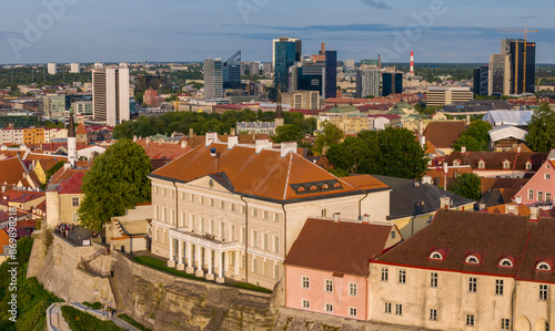 Tallinn, Estonia, in the foreground the prime minister's office building with the old town and the modern business center backdrop