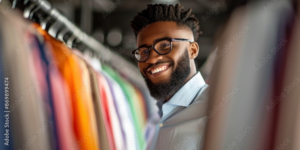 Smiling Man Shopping for Clothes in a Store. Generative ai Smiling Man Shopping for Clothes in a Store. Generative ai