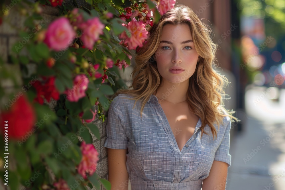 A woman with blonde hair stands in front of a wall of pink flowers. A woman with blonde hair stands in front of a wall of pink flowers.