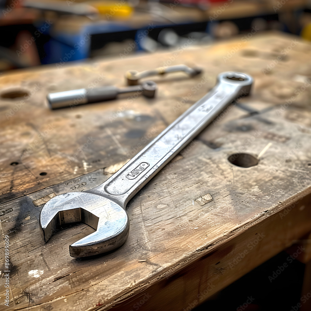 A Sturdy Metallic Wrench on a Wooden Workbench Reflecting Craftsmanship in a Busy Workspace A Sturdy Metallic Wrench on a Wooden Workbench Reflecting Craftsmanship in a Busy Workspace
