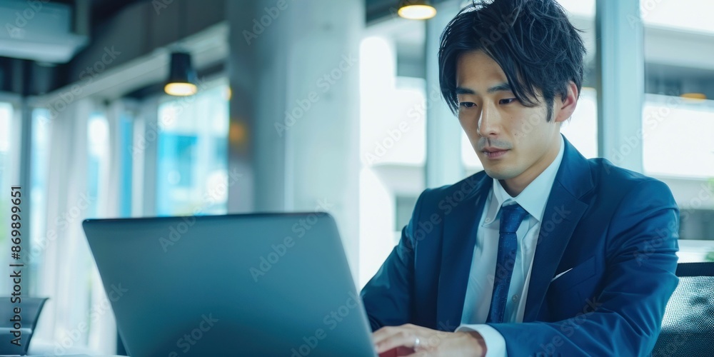 Businessman Working on Laptop in Modern Office. Generative ai Businessman Working on Laptop in Modern Office. Generative ai