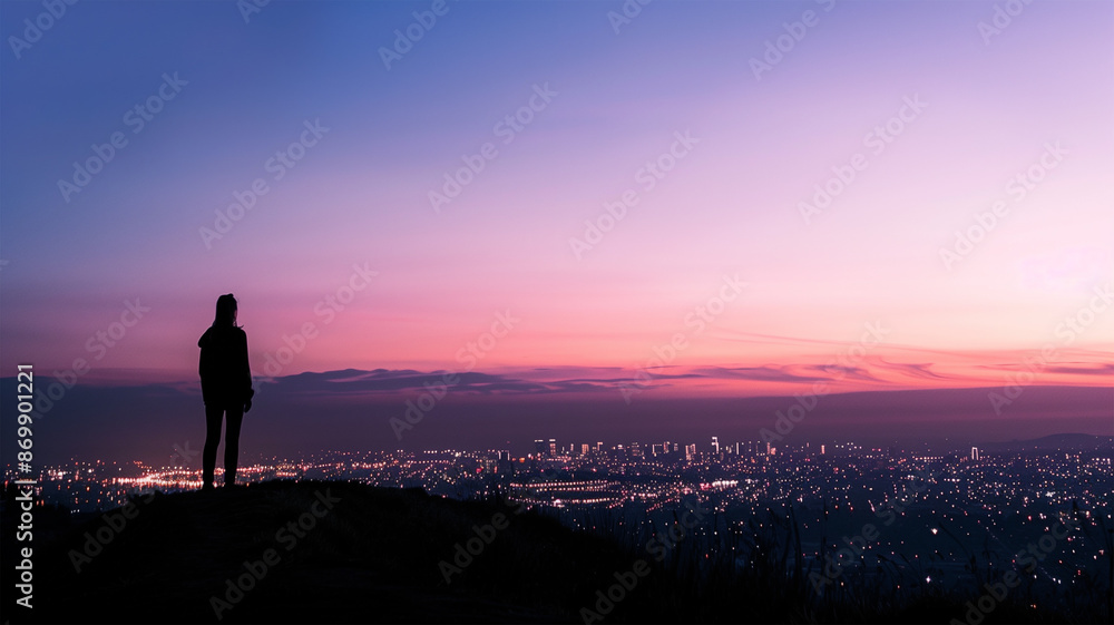 夕暮れ時の丘から見下ろすシルエットの人と街の景色 夕暮れ時の丘から見下ろすシルエットの人と街の景色