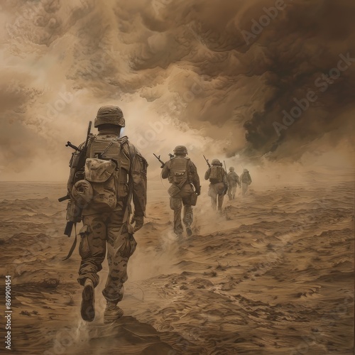U.S. Marine Corps Platoon Marching Through Desert in Camouflage Gear