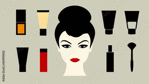 beauty products vector gorgeous woman and variety of iconic elements high end cosmetics minimalism