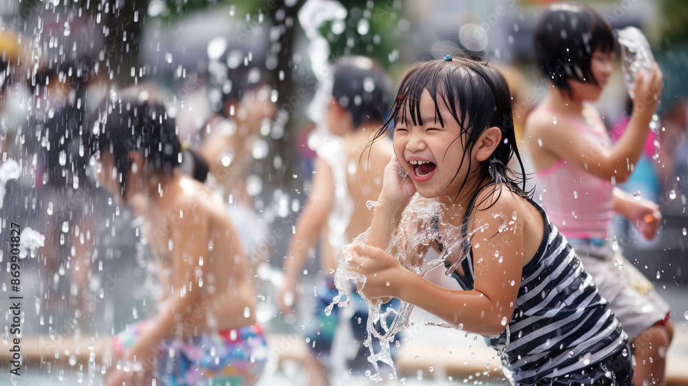 Obraz premium 噴水で遊ぶ日本の子供たち
