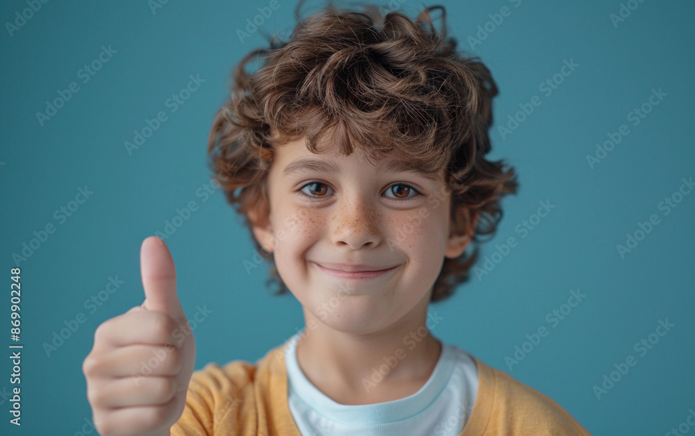 A young boy with curly brown hair is smiling and giving a thumbs up gesture while wearing casual clothing. He is standing against a bright blue background A young boy with curly brown hair is smiling and giving a thumbs up gesture while wearing casual clothing. He is standing against a bright blue background