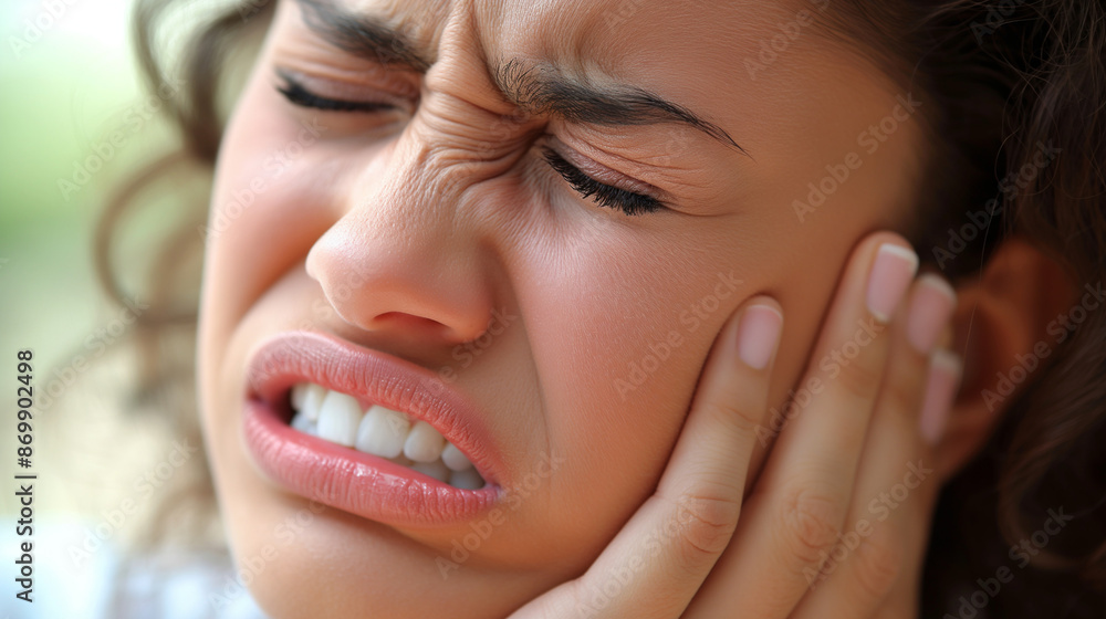 A woman suffers from tooth sharp pain and headache and puts her hand on her cheek . A woman suffers from severe toothache A woman suffers from tooth sharp pain and headache and puts her hand on her cheek . A woman suffers from severe toothache