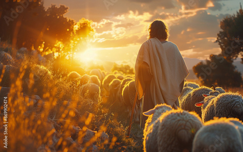 Jesus Christ, wearing a robe, walks with a staff, leading a flock of sheep through a field, illuminated by the warm glow of a setting sun
