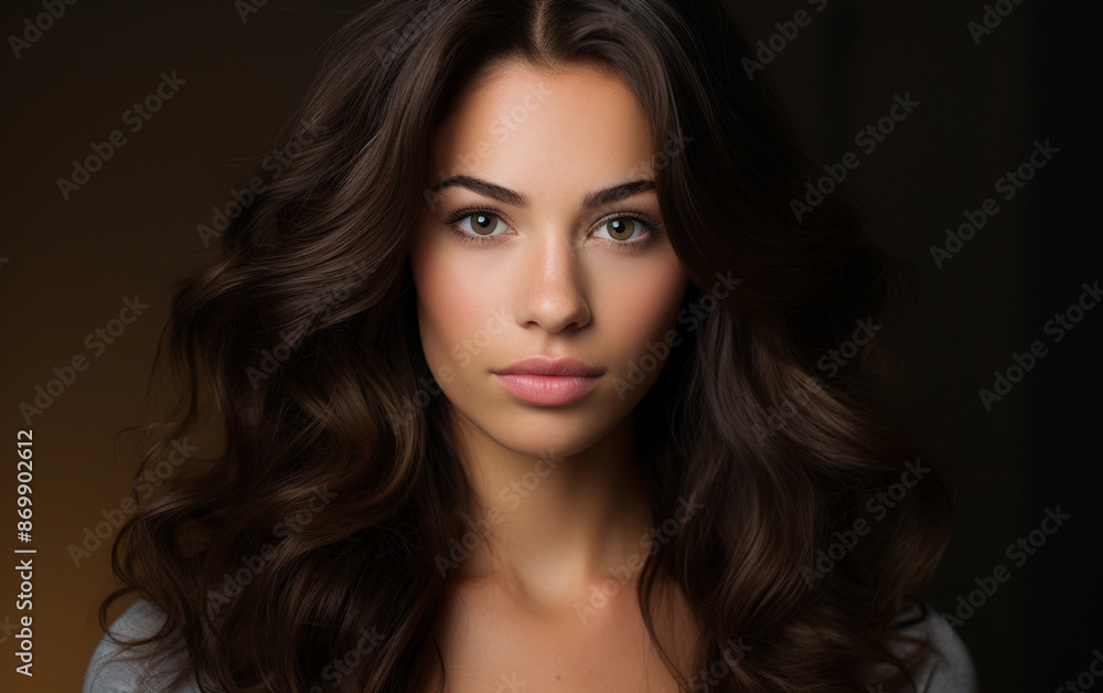 A close-up portrait of a young woman with long, dark brown hair A close-up portrait of a young woman with long, dark brown hair