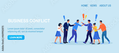 Two groups of people arguing and fighting, business conflict. Teamwork disagreement. Fierce rivalry, unhealthy competition. Colleagues having debate. Angry people arguing or misunderstanding