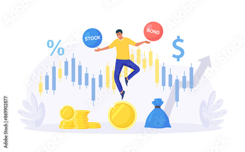 Businessman investor balancing as acrobat on giant coin, choosing between stocks and bonds. Diversify portfolio investments. Wealth accumulate. Balanced investment strategy. Finance asset allocation