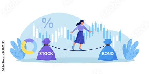 Woman keep calm balancing on rope, choosing between stocks and bonds. Diversify portfolio investments. Passive invest wealth accumulate. Balanced investment strategy. Finance asset allocation