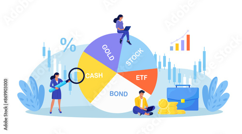 Exchange traded fund, bond, stock, gold. Businessman reviewing diversified investment portfolio. Wealth management, asset allocation. Money question, financial planning. Stock market trading strategy