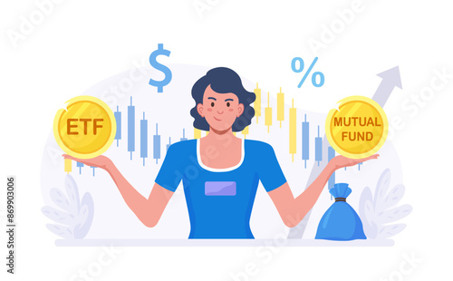 ETF. Exchange traded fund. Index fund or mutual fund. Person investor choosing between investing products. Diversified investment portfolio, wealth management and asset allocation. Money question