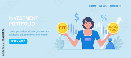 ETF. Exchange traded fund. Index fund or mutual fund. Person investor choosing between investing products. Diversified investment portfolio, wealth management and asset allocation. Money question