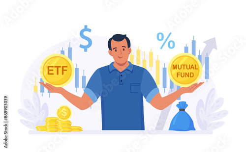 ETF. Exchange traded fund. Index fund or mutual fund. Businessman investor choosing between investing products. Diversified investment portfolio, wealth management and asset allocation. Money question