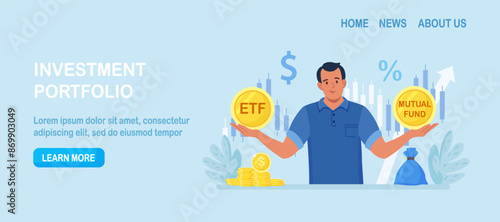 ETF. Exchange traded fund. Index fund or mutual fund. Businessman investor choosing between investing products. Diversified investment portfolio, wealth management and asset allocation. Money question