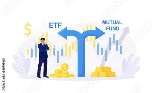 ETF. Exchange traded fund. Index fund or mutual fund. Businessman investor choosing between investing products. Diversified investment portfolio, wealth management and asset allocation. Money question