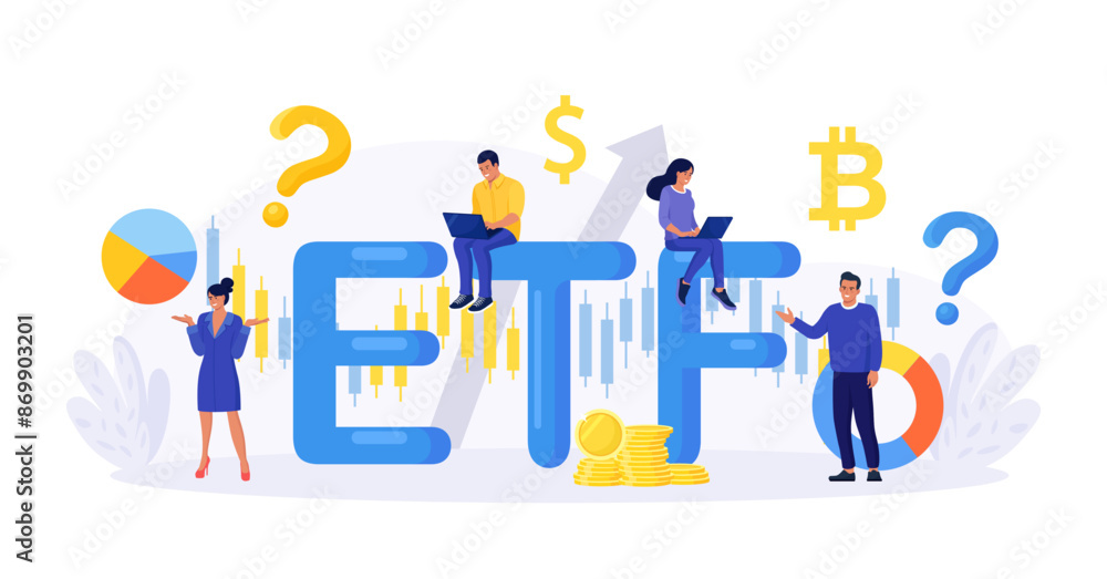 Exchange Traded Funds. ETF. Businessman tracking investment index trading in stock market. Financial broker. Income, investment and saving concept. Business character making financial operation Exchange Traded Funds. ETF. Businessman tracking investment index trading in stock market. Financial broker. Income, investment and saving concept. Business character making financial operation