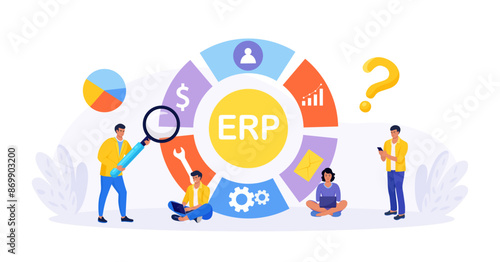ERP Enterprise resource planning, productivity and company enhancement. Business integration, productivity and company enhancement. Business character consulting of financial operation