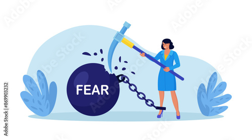 Businessman fighting with fear. Person smashed chained fear ball. Overcome fear, challenge difficulty. Character win over obstacle or difficulty. Confrontation or confidence to defeat fear