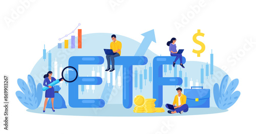Exchange Traded Funds. ETF. Businessman tracking investment index trading in stock market. Financial broker. Income, investment and saving concept. Business character making financial operation