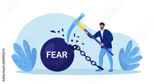 Businessman fighting with fear. Person smashed chained fear ball. Overcome fear, challenge difficulty. Character win over obstacle or difficulty. Confrontation or confidence to defeat fear