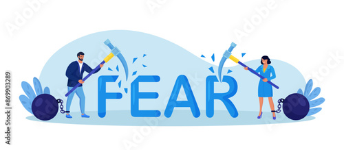 Business people fighting with fear. Overcome fear, challenge difficulty, courage to fight back. Character win over obstacle or difficulty. Confrontation or confidence to defeat fear