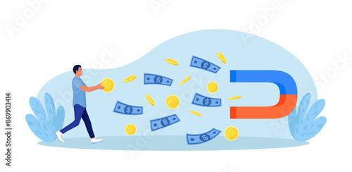 Debt сollection. Magnet attracting money from male character. Money loss, financial debts. Economic crisis. Financial loan demand from borrowers. Businessman takes money from the debtor