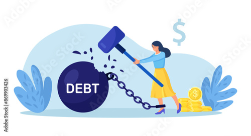 Business woman trying to destroy debt ball with hammer. Woman smashes burden of taxes. Financial independence. Lack of debts. Person solve financial problems. Character freed from monetary obligations