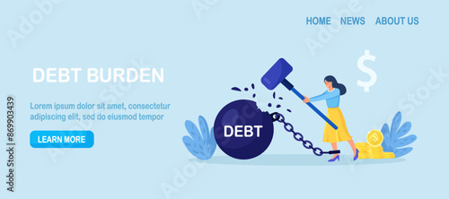 Business woman trying to destroy debt ball with hammer. Woman smashes burden of taxes. Financial independence. Lack of debts. Person solve financial problems. Character freed from monetary obligations