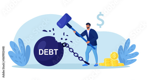 Businessman trying to destroy debt ball with hammer. Man smashes burden of taxes. Financial independence. Lack of debts. Person solve financial problems. Character freed from monetary obligations