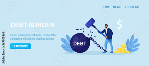 Businessman trying to destroy debt ball with hammer. Man smashes burden of taxes. Financial independence. Lack of debts. Person solve financial problems. Character freed from monetary obligations