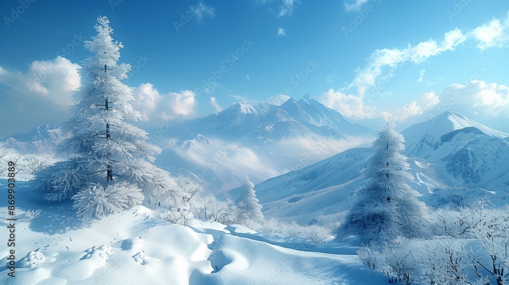 Obraz premium Snow-Covered Mountain Range With Fir Trees Under a Blue Sky