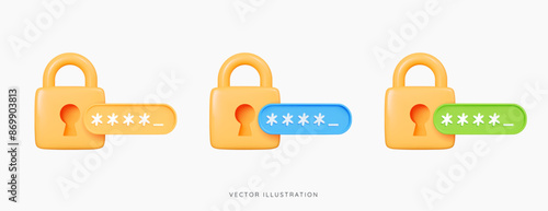 3D Locked padlock with password. Golden Lock and pin code entry. Security and safety. Cyber Privacy concept. Cartoon creative icon set design for web and app isolated on white background. 3D Vector