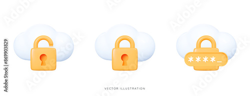 3D Cloud computing security. Protected storage with golden lock and pin code. Cloud backup services. Cybersecurity concept. Online database. Cartoon design icon set. 3D Vector illustration