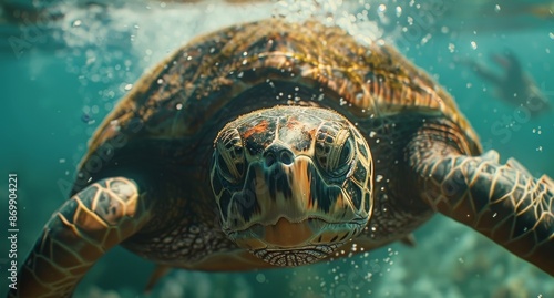 Sea Turtle Close-Up Underwater Portrait Showing Shell Detail and Eye