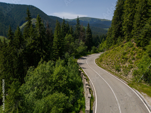 Beautiful aerial view of dense forest mountain landscape in summer time with curvy road cutting through forest. Aerial view by drone . Romania