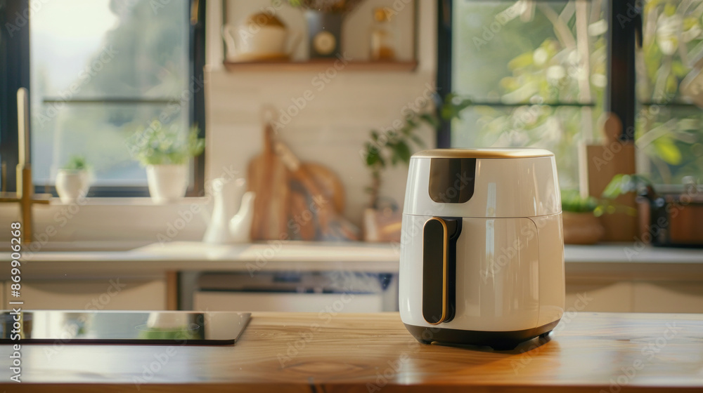 A new air fryer sits on the kitchen counter, ready to be used. A new air fryer sits on the kitchen counter, ready to be used.