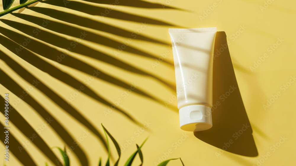 White sunscreen bottle on yellow background surrounded by green leaves White sunscreen bottle on yellow background surrounded by green leaves