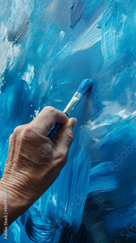 Creative process: painter using bright blue paint on canvas, art studio ambiance with natural lighting.