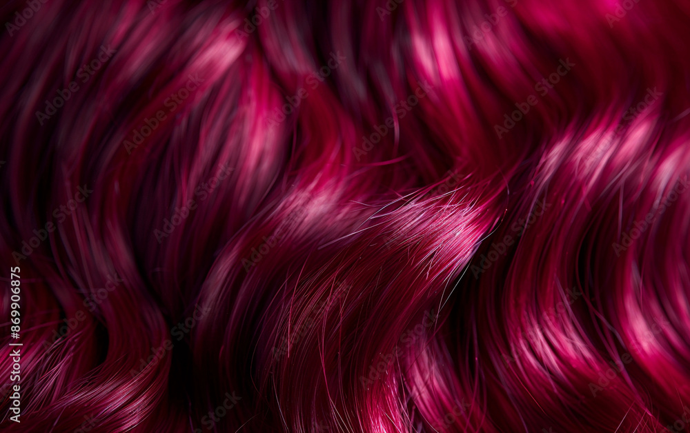 Close-up shot of shiny burgundy cherry red hair. The strands are soft and wavy, reflecting light Close-up shot of shiny burgundy cherry red hair. The strands are soft and wavy, reflecting light