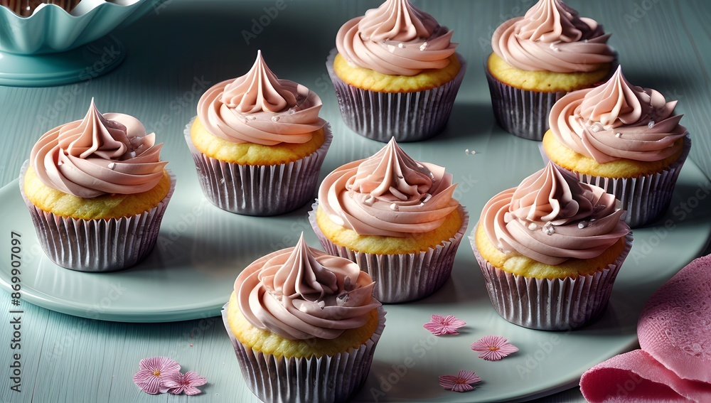 An elegant presentation of eight vanilla cupcakes topped with swirls of creamy white frosting An elegant presentation of eight vanilla cupcakes topped with swirls of creamy white frosting