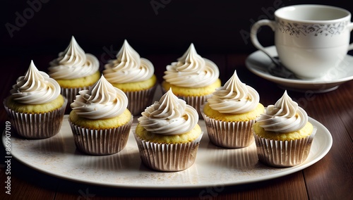 An elegant presentation of eight vanilla cupcakes topped with swirls of creamy white frosting