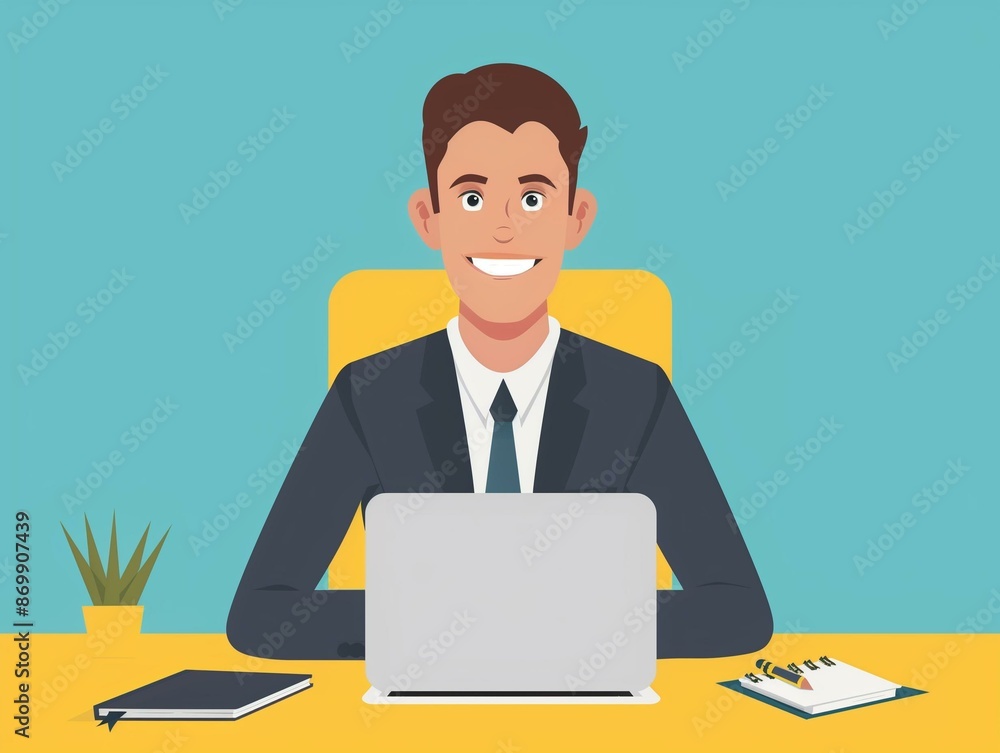 Businessman Working at Desk Illustration Businessman Working at Desk Illustration