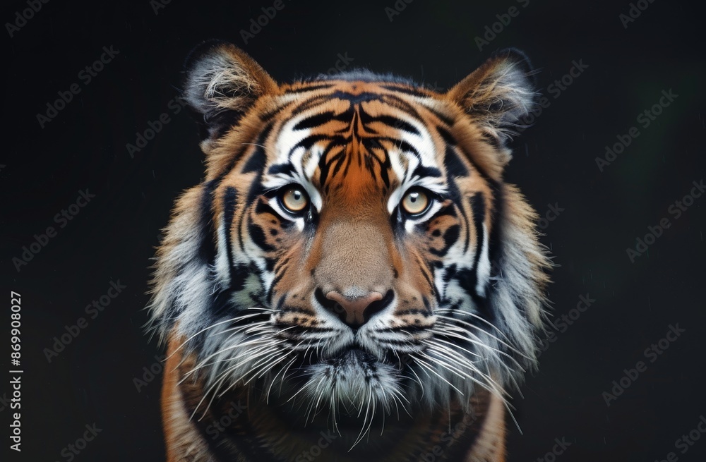 Fototapeta premium A Close-Up Portrait of a Majestic Tiger Against a Dark Background