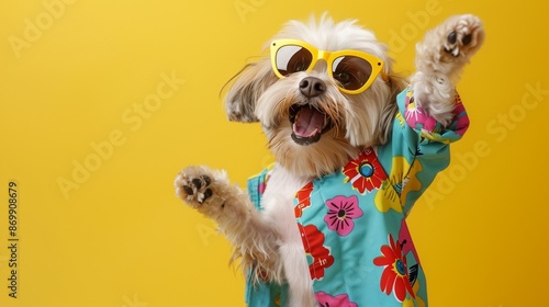 Dog wearing colorful clothes and sunglasses dancing on yellow background